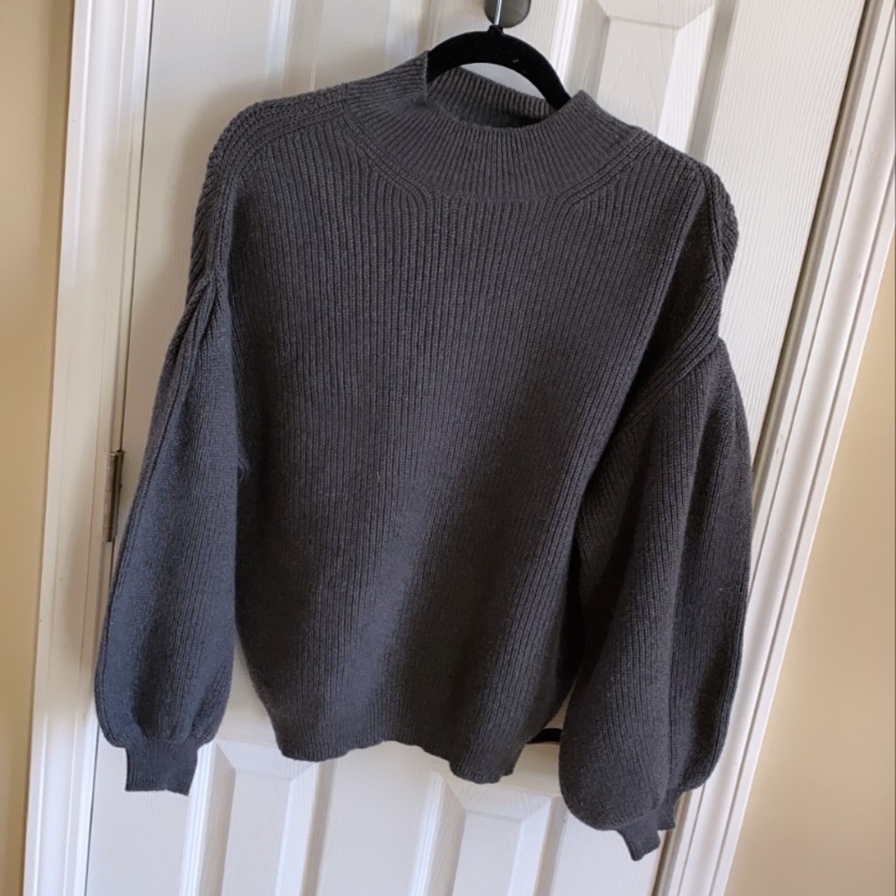 Mock Neck Bubble Sleeve Charcoal Sweater